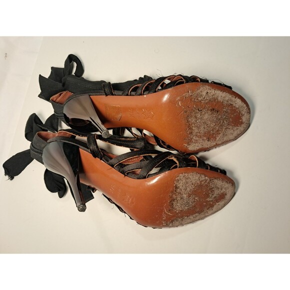 LANVIN Size 37.5 EU/7 US  Black Satin Strappy 3.75" Stiletto Sandals Ribbon Bow - Picture 10 of 12